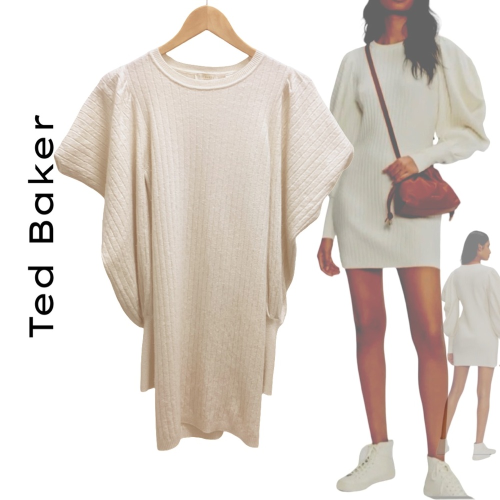 Ted Baker Wool Blend Ivory Mini Dress Draped Oversized Sleeve Pullover Size 2